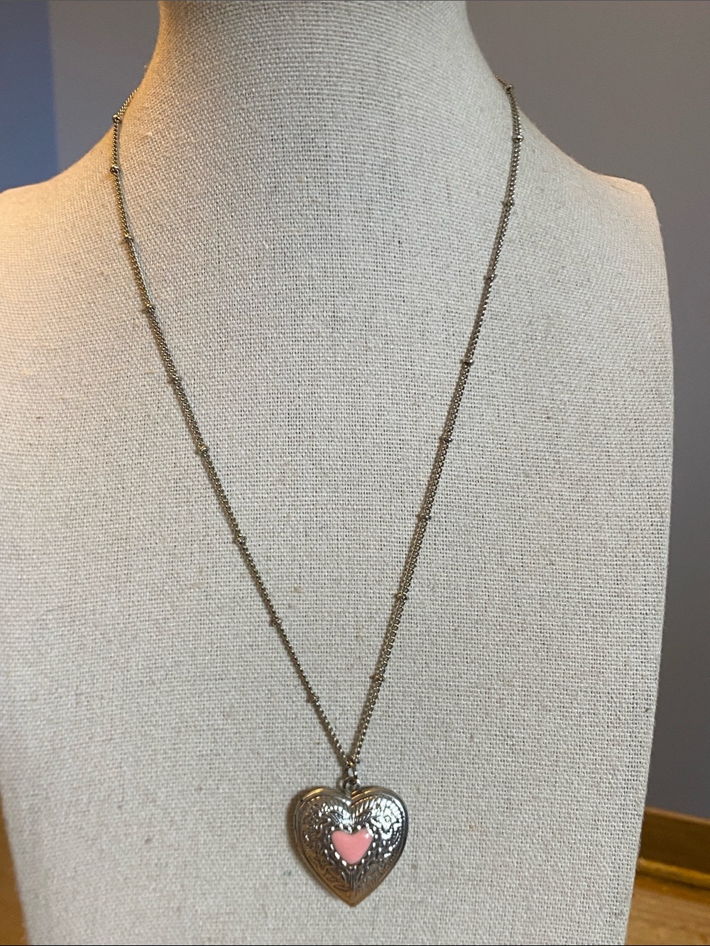 Silver Tone Heart Locket Necklace Pink Heart Accent 17” + Extender